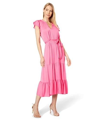 Image of Tommy Hilfiger Women's Flutter Sleeve Tier Tie Waist Dress, Bubblegum, 18