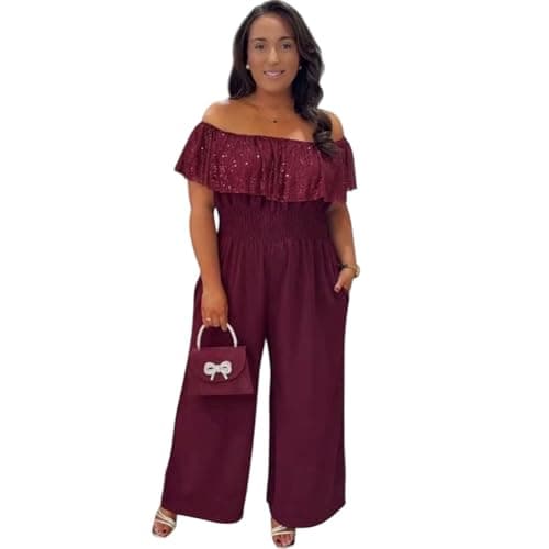 Image of Crazy Fashion Women’s Off Shoulder Sequin Jumpsuit – Wide Leg New Year Party Evening Outfit, Elegant Sparkle Bardot Playsuit for Christmas & Special Occasions UK (Wine, UK Size 8-20)