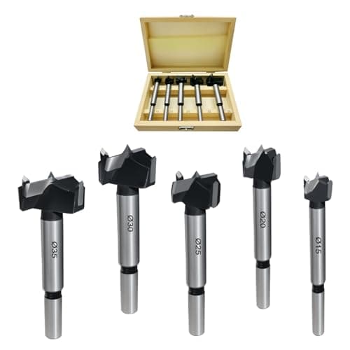 Image of TCT Forstner Drill Bit Set, 5 Pieces High Carbon Steel Flat Wing Drill Bits with Carbide Tip Drilling Saw Blade Set for Wood Drilling Saw, Woodworking Hinge Cutting Tools (15-35mm)