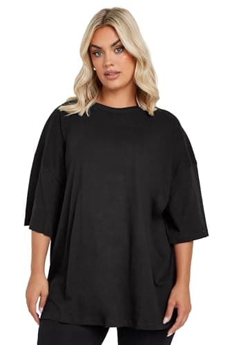Image of Yours Curve Essential Cotton Oversized Boxy Soft Stretch Short Sleeve Scoop Neck Tee T-Shirt - Women's - Plus Size Black 22-24