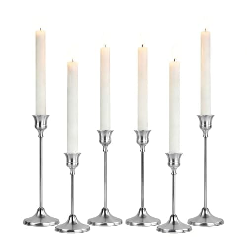Image of AUMAYCO Set of 6 Silver Candle Holders, Metal Taper Candle Sticks Holder, Vintage Modern Silver Candlesticks Holders for Table Centerpieces Wedding, Dining Table, Home Decor