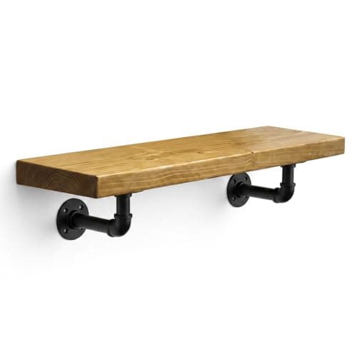 Image of MKGT Handcrafted Rustic Wooden Floating Shelf with Industrial Pipe Brackets – 22cm Deep Solid Pine Wall Shelf, 45mm Thick, Made in the UK, Includes Fixings (Rustic Pine, 40cm)