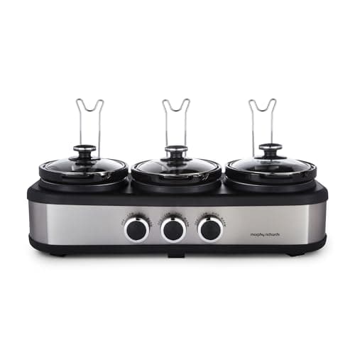 Image of Morphy Richards 3.9L TrioServe Three Pot Slow Cooker, Ceramic Pots, 3 Heat Settings, Independent Temperature Controls, Tempered Glass Lid, Easy Clean, Brushed Stainless Steel, 462501