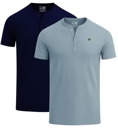 Image of JRC Just Royal Clothing 2 Pack Mens Short Sleeve Henley T-Shirts, Lightweight Henley Tops for Gym, Running & Casual Outings (Navy, Stone Blue, XL)