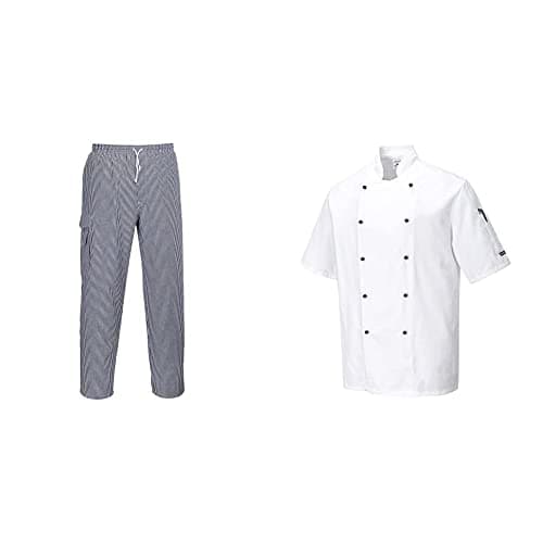 Image of Portwest Chester Chefs Trouser, Size: L, Colour: Check, C078CHRL & Men's Xx03-pw-c734whrl Work Coat, White, L UK