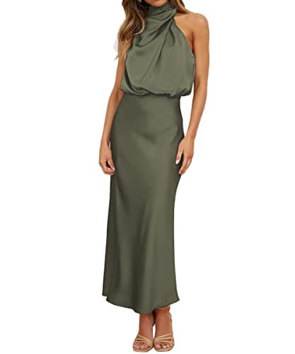 Image of Hatant Satin Maxi Dress for Women Silk Wedding Guest Dress Maxi Dress Sleeveless Elegant Halter Neck Wrap Cocktail Dress, Olive Green, M
