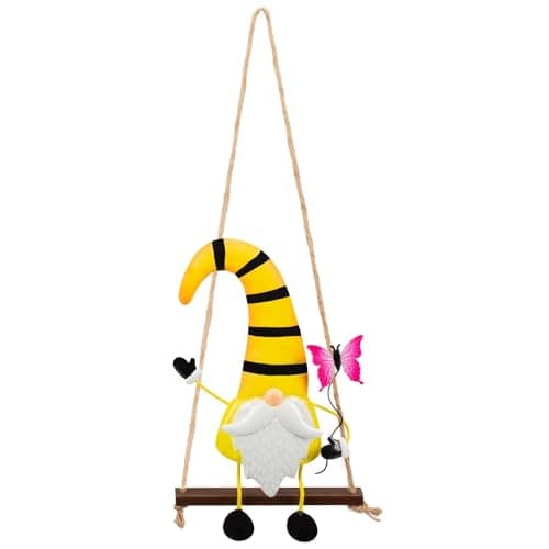 Image of New Charming Garden Ornament Hanging Metal Gonk on a Swing - Bee Garden Decor