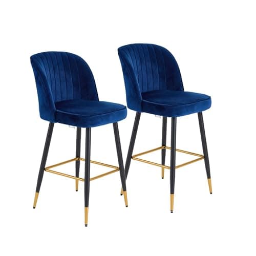 Image of Warmiehomy Bar Stools Set of 2, Comfy Velvet Upholstered Barstools with Back and Metal Legs, Kitchen Breakfast High Bar Chairs Stools for Kitchen Counter Island, Dining Room, Pub, Sapphire Blue