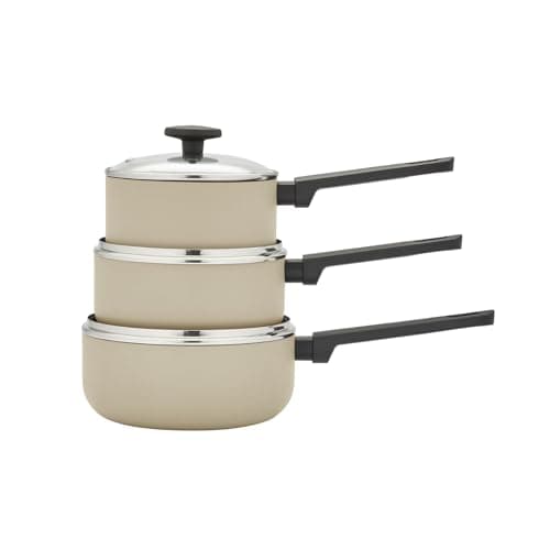 Image of Morphy Richards 3pc Saucepan Set, Recycled Aluminium, 16cm, 18cm & 20cm Saucepans, Non Stick Coating, Soft Touch Handles, Suitable for All Hobs, Cream, 859003