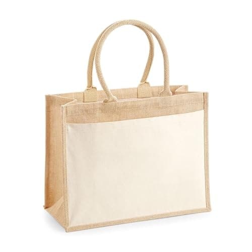 Image of Westford Mill W427 Cotton Pocket Jute Shopper Bag - Natural Eco-Friendly Tote