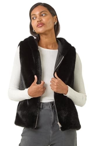 Image of Roman Originals Hooded Faux Fur Gilet for Women UK - Ladies Everyday Autumn Winter Comfy Soft Evening Vacation Work Party Night Out - Black - Size 18