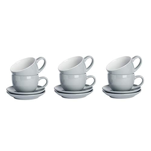 Image of Argon Tableware Grey Cappuccino Cups with Saucers - Set of 6-250ml Dishwasher Safe Gloss Stoneware Cappuccino Cups and Saucer Set Coffee Mugs with Handle and Grooved Plate