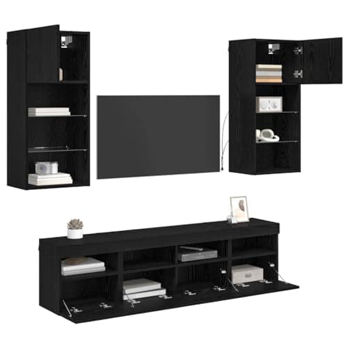 Image of vidaXL TV Wall Units with LED Black Oak Engineered Wood, Living Room Storage, Ample Space-Saving Wall Unit, Modern LED Furniture, Durable Media Console, Contemporary Home Cabinet