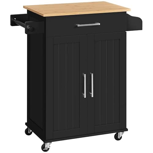 Image of Yaheetech Kitchen Storage Trolley on Wheels With Bamboo Worktop, Rolling Kitchen Island Cart With Towel & Spice Rack for Dining Rooms, Black