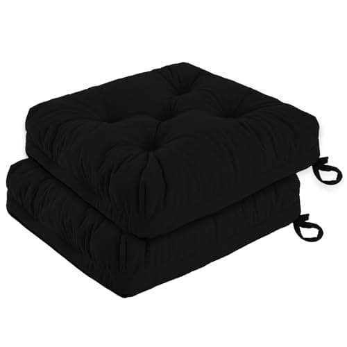 Image of PRIMEPATIO Chair Cushions for Dining Chairs Set of 2, Tufted Overstuffed Textured Booster Foam Chair Pad with Ties and Non-Slip, 8cm Thick Seat Cushions for Kitchen, Garden, 45x45cm, Black