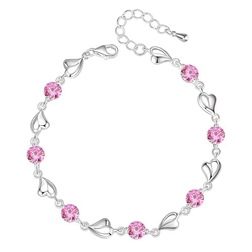 Image of Fantasyon Sterling Silver Bracelet for Women 925 Sterling Silver Love Heart Bracelet Shiny Crystal Diamond Adjustable Mother's Day Jewelry Gift Birthday Christmas Gifts