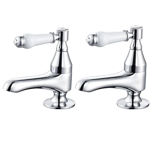 Image of Hapilife Bath Pillar Taps Pair Victorian Traditional Twin Bathroom Bathtub Tap Separated White Ceramic Lever Chrome 2 Holes Mono Hot and Cold Water G1/2’’