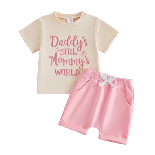 Image of JCOPLY Toddler Girl Summer Clothes Daddy’s Girl Mommy’s World Letter Embroidery Crew Neck Tshirt Top and Shorts Set Baby Girls Knitted Outfits 2 Pcs (Pink, 3-6 Months)