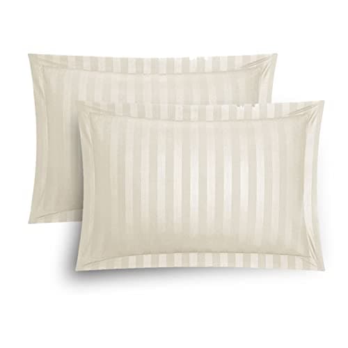 Image of Stripe Satin Oxford Pillowcases 2 Pack Luxury Hotel Quality Premium Breathable, Soft & Cosy Protectors, Cream