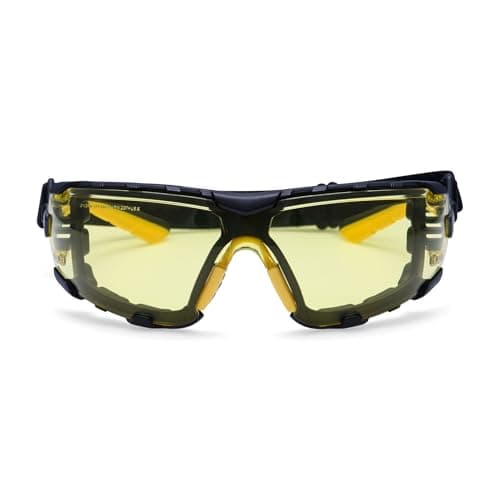 Image of Portwest PS28 Tech Look Pro KN Safety Glasses Wrap Around Protective Eyewear Foam Gasket Elastic Strap Anti Scratch Anti Fog UV Protection Certified PPE, Amber, One Size