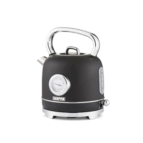 Image of GEEPAS Retrovive 1.8L Electric Kettle | Vintage Cordless Stainless Steel Rapid Boil Jug Kettle for Hot Water Tea Coffee | Auto Shut-Off 360° Swivel Base Temp Gauge Boil Dry Protection | 3000W Black
