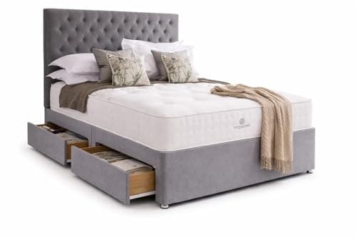Image of CALISMA Designer Toro Plush Memory Spring Foam Divan Bed Set With Mattress, 2 Drawers (Same Side) and Headboard (Steel Plush Velvet, 4FT6 Double)