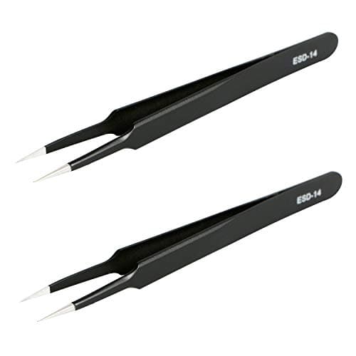 Image of Aoje-Link ESD-14 Professional Anti-Static Precision Technology Tweezers, Non-Magnetic Tip Straight, Stainless Steel Plastic Coated, Full Length 120mm, Black, 2pcs