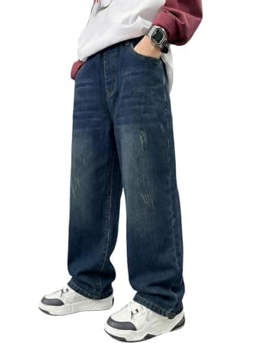 Image of JiAmy Boys Baggy Jeans Elasticated Waist Kids Cargo Wide Leg Jeans with Multipockets Skater Y2k Unisex Streetwear Denim Trousers for 9-10 Years Dark Blue