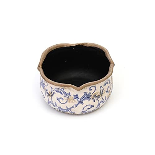 Image of Annibells Vintage Blue Cream Ceramic Round Floral Scalloped Planter Plant Flower Pot (Small)