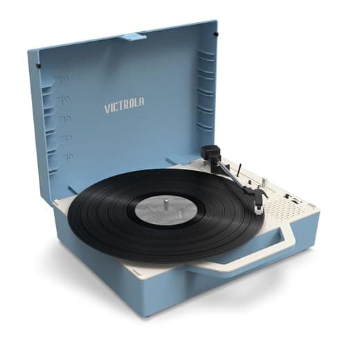 Image of Victrola Re-Spin – Sustainable Suitcase Vinyl Record Player, 3-Speed (33 1/3, 45 & 78 RPM), Belt-Driven Bluetooth Turn Table with Built-in Bass Radiator, 3.5mm Headphone Jack (Light Blue)