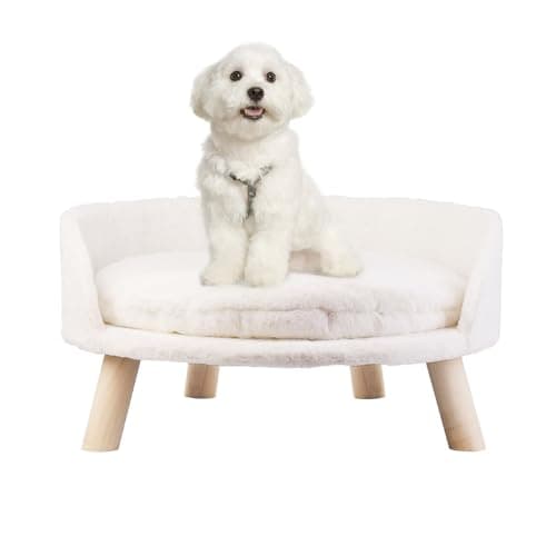 Image of BingoPaw Cat Sofa Chair Bed: Elevated Nordic Pet Stool Bed with Removable Waterproof Mat - Raised Plush Fur Dog Kitten Couch with Wooden Legs Frame (Dia 60cm)