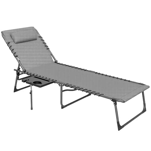 Image of Outsunny Folding Sun Lounger with Cup Holder, 5-Position Adjustable Reclining Garden Lounger, Portable Recliner Sunbed with Side Pocket, Head Pillow for Patio Beach Camping, Grey
