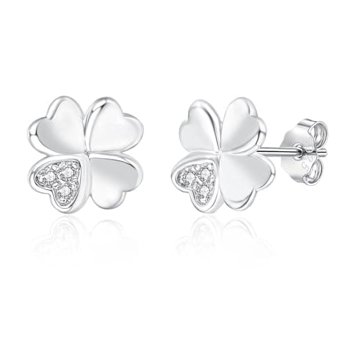 Image of Estrellique Silver Stud Earrings for Women, 925 Sterling Silver Clover Stud Earrings for Sensitive Ears, Dainty CZ 8mm Small Cute Cartilage Sleeping Silver Four Leaf Clover Earrings for Men Girls
