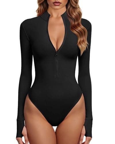Image of GJY Bodysuits for Women, One Piece Zip Front Long Sleeve Tops, Jumpsuits, black, S