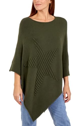 Image of STAR FASHION Womens Italian Knitted Lagenlook Star Poncho Top New Ladies Pattern Ribbed Star Asymmetric Hem Cape Shawl Soft Sweater One Size Forest Green