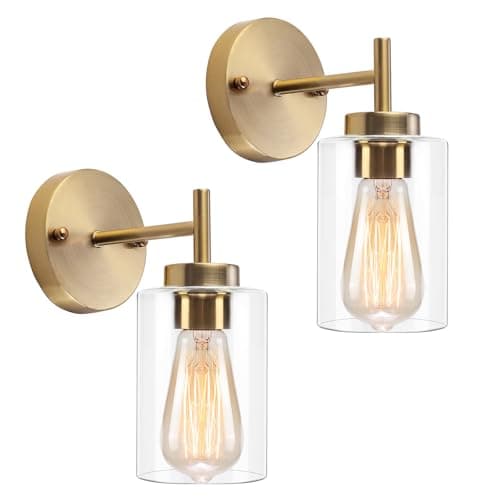 Image of QAREHL Gold Wall Lights 2 Pack, Industrial Wall Lights with Glass Shade Vintage Bass Wall Light Fixture for Living Room, Bedroom, Bathroom, Hallway, Porch, E27 Socket