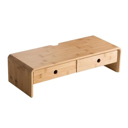 Image of Simcat Wooden Monitor Stand Riser for Monitor Height Raising, Desk Organiser with 2 Drawers, No Assembly Required, Cable Management Hole, Home Office Desktop Accessories (Natural, 50x20x13cm)