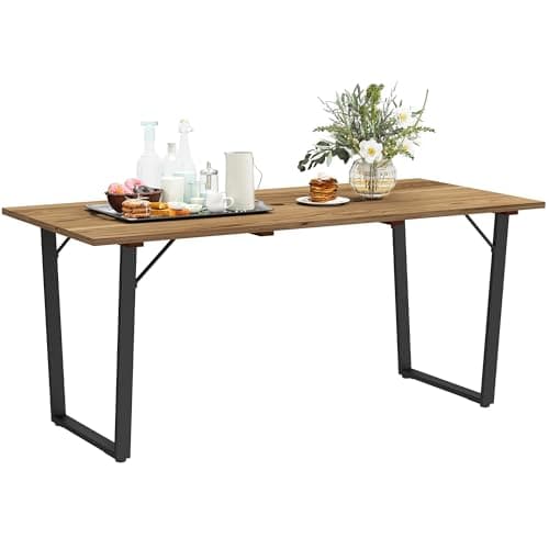 Image of Outsunny 6 Seater Wooden Garden Dining Table, 175 x 80 cm Rectangular Outdoor Dining Table with 5 cm Parasol Hole and Slatted Top, Weather Resistant for Patio, Terrace, Brown
