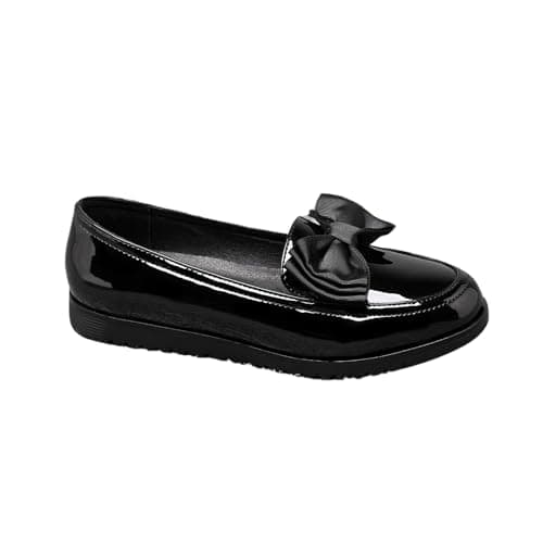 Image of IVACHY Women's Black Patent Loafers with Bow or Tassel Style – Slip-On Flat Shoes – Comfortable Stylish Casual Work Flats for Office, School, Everyday Wear