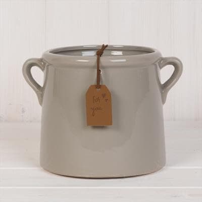 Image of Ceramic Grey Plant Pot/Vase Planter Flowers Herbs Utensils Holder with Tag and Ears Indoor Home Decorative Gift (Grey Pot 15 cm)