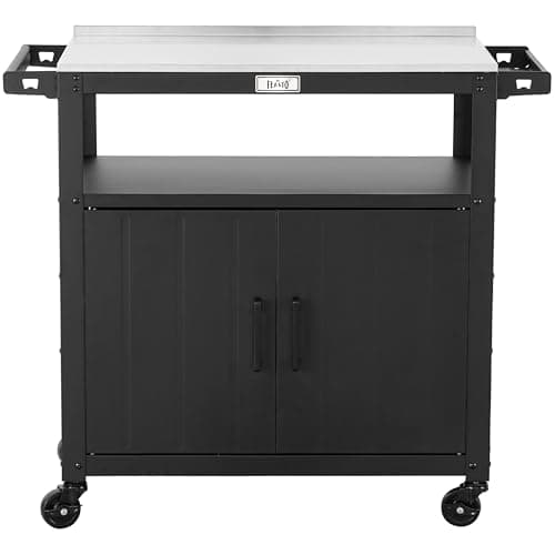 Image of Feasto Outdoor Grill Cart with Storage Cabinet, Garden Serving Trolley with Stainless Steel Tabletop for Pizza Oven and BBQ Food Prep, Ideal for Outdoor Kitchen, 100x45x88 cm