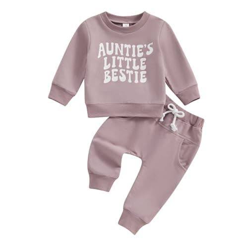 Image of XIXIMAON Auntie 's Little Bestie Toddler Baby Girl Boy Clothes Set Long Sleeve Lettered Jumper Sweatshirt Matching Pants Set Fall Spring Outfits (Purple, 2-3 Years)