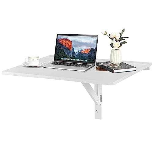 Image of COSTWAY Wall-mounted Drop-leaf Table, Folding Floating Laptop Desk, Space Saving Hanging Table for Study, Bedroom, Bathroom, or Balcony, 80x60CM (White)