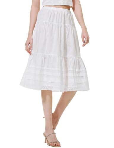 Image of BEAUTELICATE Women's White Midi Swing Skirt Cool Cotton A-line Vintage Casual Boho Skirt Knee Length with Lace Trim for Summer Hot Days Holidays, XXL