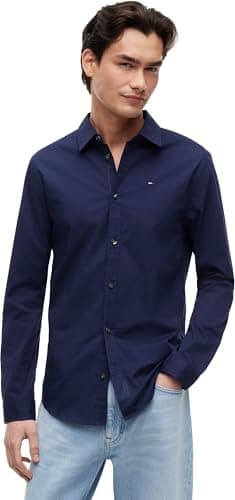 Image of Tommy Jeans Mens Slim Fit Poplin Dm0dm04405 L/S Shirts Woven Tops, Blue (Black Iris), L UK