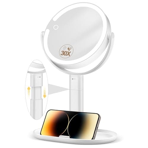 Image of MOMOKUBA Makeup Mirror with Light, 30X Magnifying & Height Adjustable, light up mirror with 3 Light Modes and Stepless Dimming, Vanity Mirrors for Bathroom, Birthday for Women, White