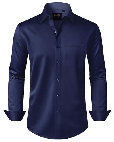 Image of J.VER Mens Dress Shirts Stretch Non Iron Navy Long Sleeve Regular Fit Fashion Business Casual Work Office Formal Shirt XL