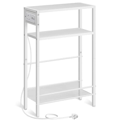 Image of HOOBRO Slim Side Table with Charging Station, Narrow Bedside Table for Small Spaces, 3-Tier End Table with USB Ports and Power Outlet, White EWW102KBZ01