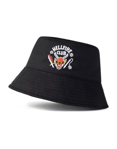 Image of Stranger Things Hellfire Club Black Bucket Hat | Unisex Retro Headwear for Casual Wear | Television Series Merchandise | Sun Protection Accessory for Adults | Classic Style Hat