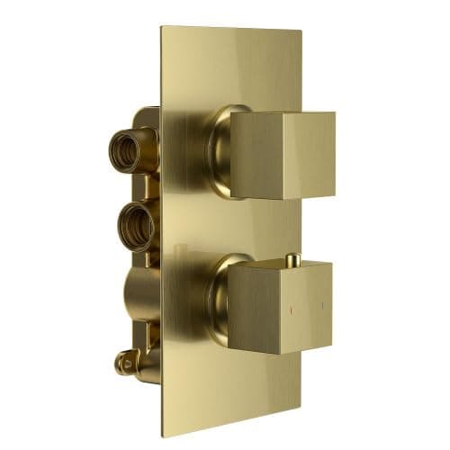 Image of Cube Square Twin Two Outlet Thermostatic Concealed Shower Valve - Brushed Brass